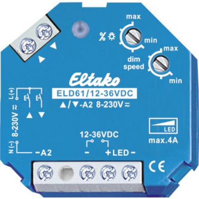 Blauwe Eltako-dimmer ELD61/12-36VDC met draairegeling voor minimale en maximale helderheid. Aansluitingen voor LED, max. 4A, 8-230V.