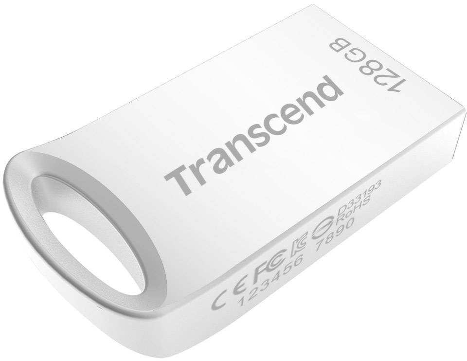 Een witte USB-stick met het opschrift 'Transcend' en een opslagcapaciteit van 128 GB. Een ring aan het uiteinde maakt het vasthouden gemakkelijker.