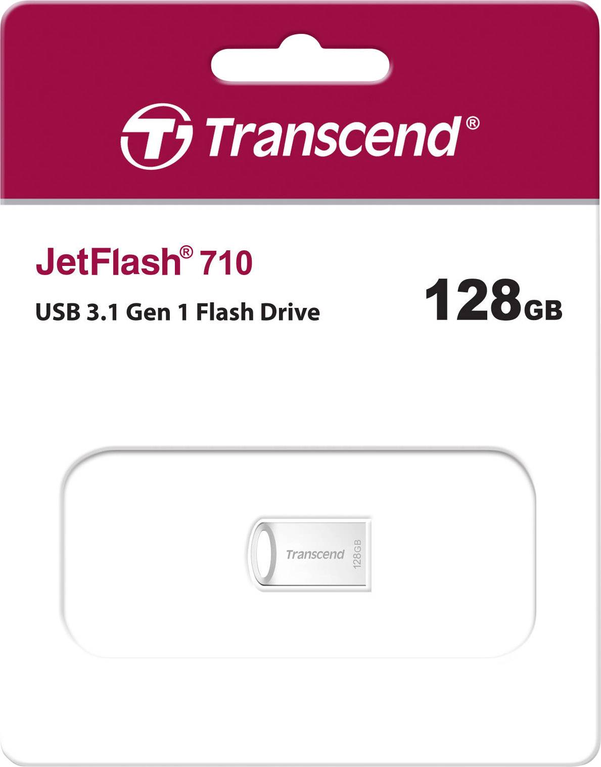 'Transcend JetFlash 710' USB-Stick in verpakking, 128 GB opslagcapaciteit, compatibel met USB 3.1 Gen 1, rode achtergrond met witte tekst.