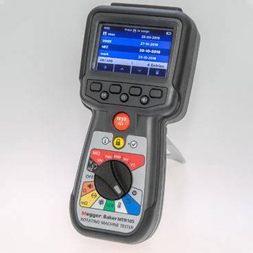Draagbaar elektrisch meetapparaat met scherm en toetsen voor diagnose van roterende machines.