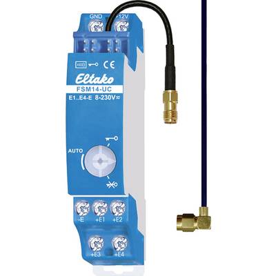 Een blauwe Eltako FSM14-UC apparaat toont aansluitingen en een draaiknop voor de instelling. Een kabel eindigt met een gouden stekker.