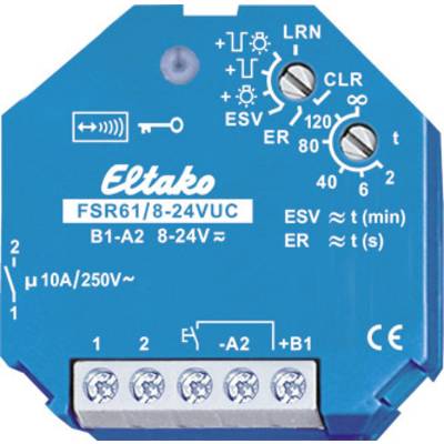 Een blauwe Eltako-schakelaar, model FSR61/8-24VUC, toont instellingen voor tijd en spanning. Vier aansluitklemmen onderaan voor bekabeling.
