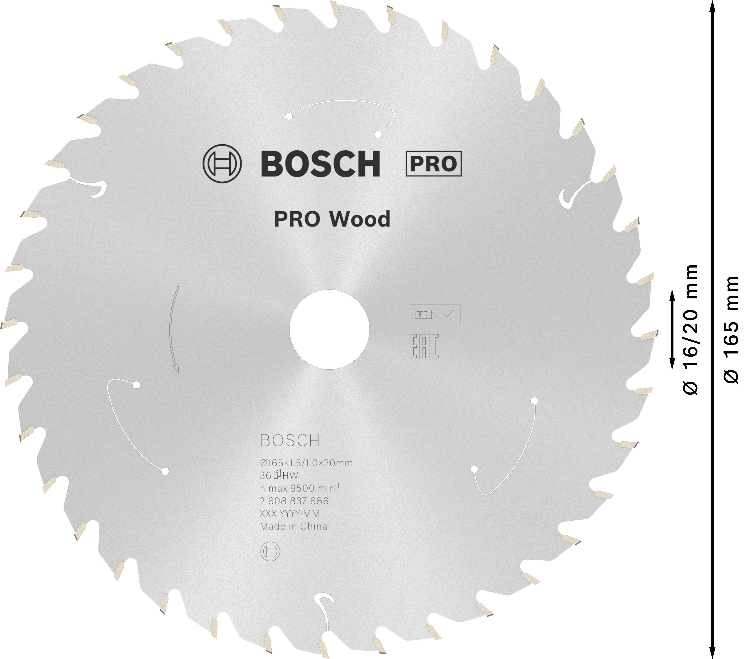 Zaagblad van Bosch voor hout, diameter 165 mm, asgat 16/20 mm, 48 tanden, geschikt voor nauwkeurige snedes in houten materialen.