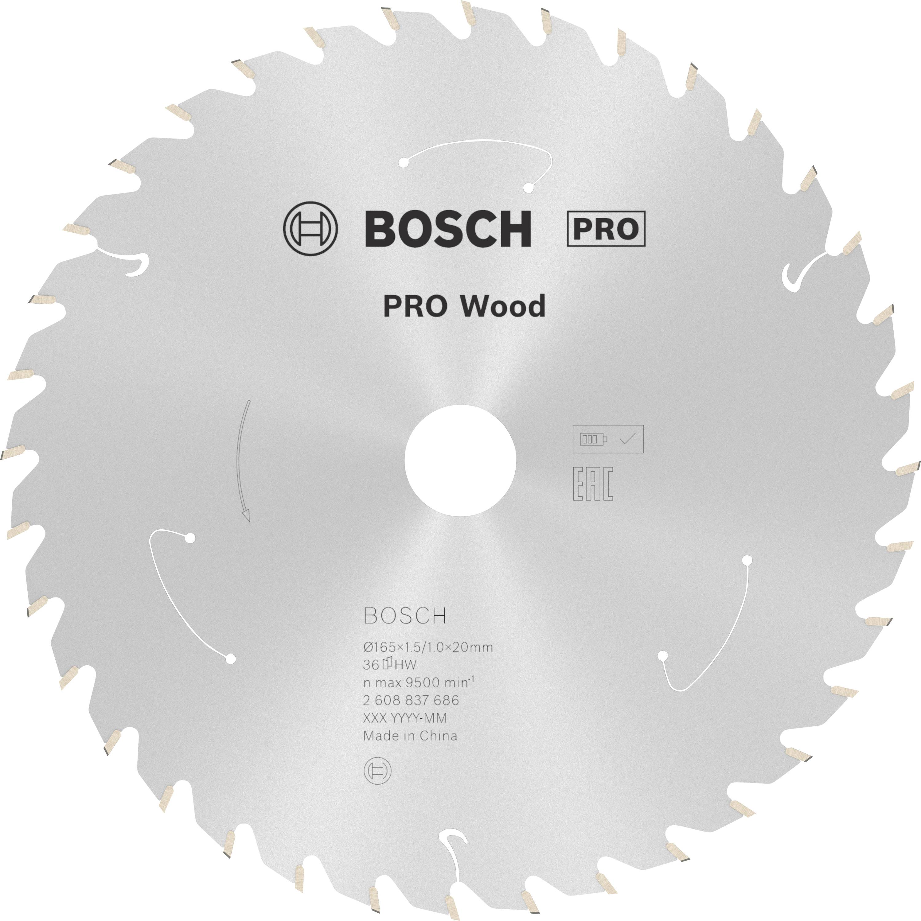 'Zaagblad voor hout van Bosch met 36 tanden, maximaal 9500 toeren per minuut, diameter 160 mm, 1,5 mm dik, zilverkleurig.'