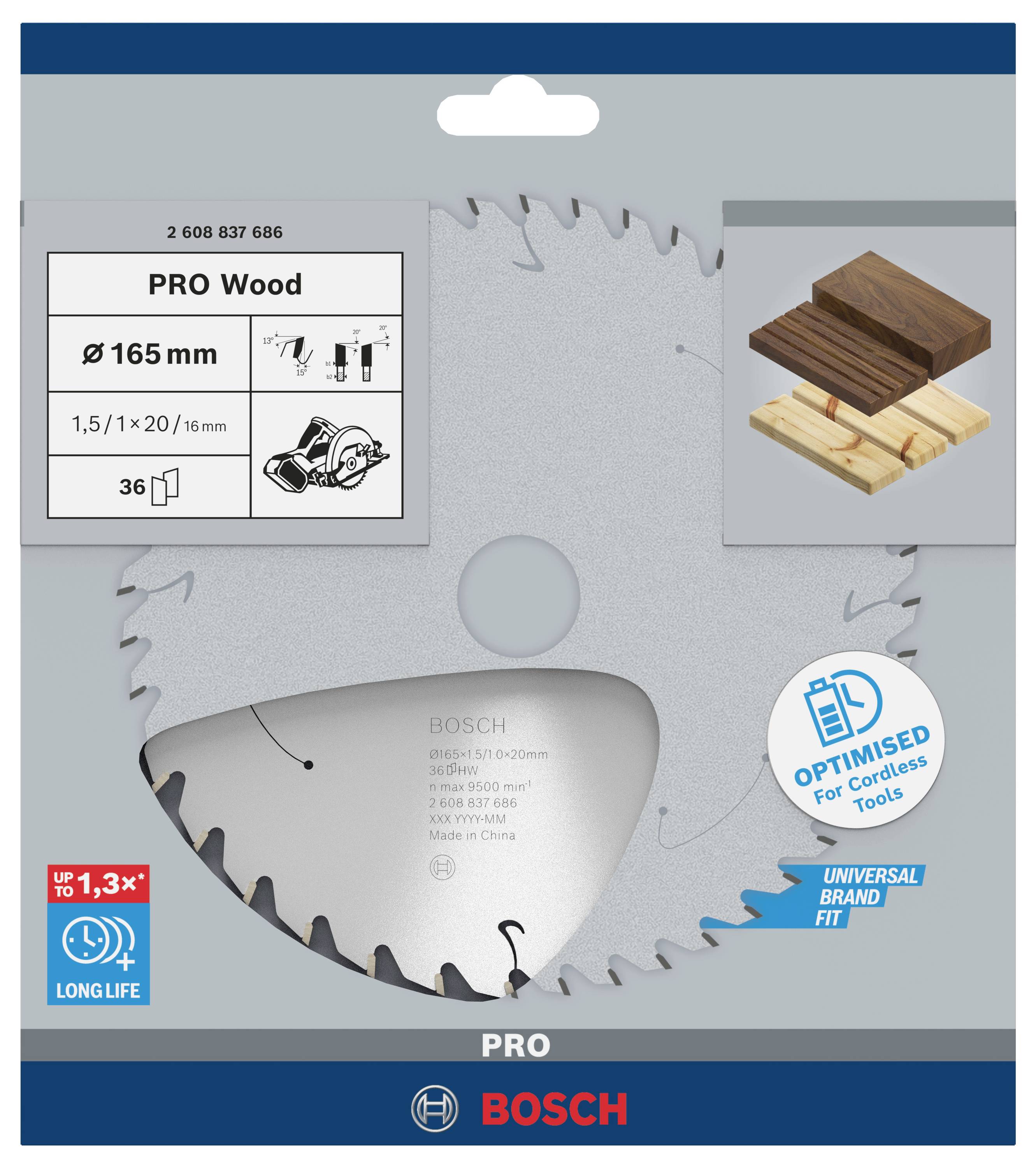 Bosch cirkelzaagblad voor hout met 165 mm diameter, geoptimaliseerd voor draadloze gereedschappen. Geschikt voor verschillende houtsoorten.