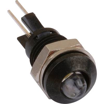 Een kleine zwarte drukschakelaar met twee metalen pennen en een ronde drukknop. Geschikt voor elektronische toepassingen.