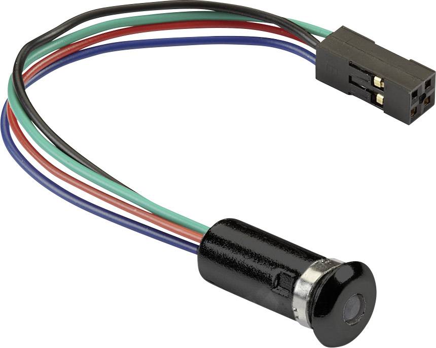 Kabel met stekkeraansluiting en zwarte cilindersensor. Vier draden in rood, blauw, groen en zwart eindigen in een stekker. Elektronisch onderdeel.