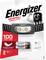 Energizer Hoofdlamp op verpakking, toont twee lampen, batterijen, 100 lumen, 9 uur batterijduur, bereik 40 meter.