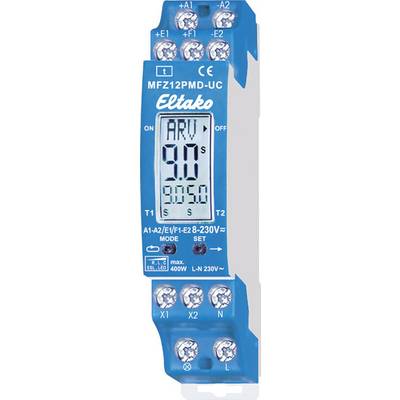 Een blauwe tijdrelais van het merk Eltako, model MFZ12PMD-UC, met een digitaal display dat '5.0s' weergeeft. Aansluitingen bevinden zich boven en onder.