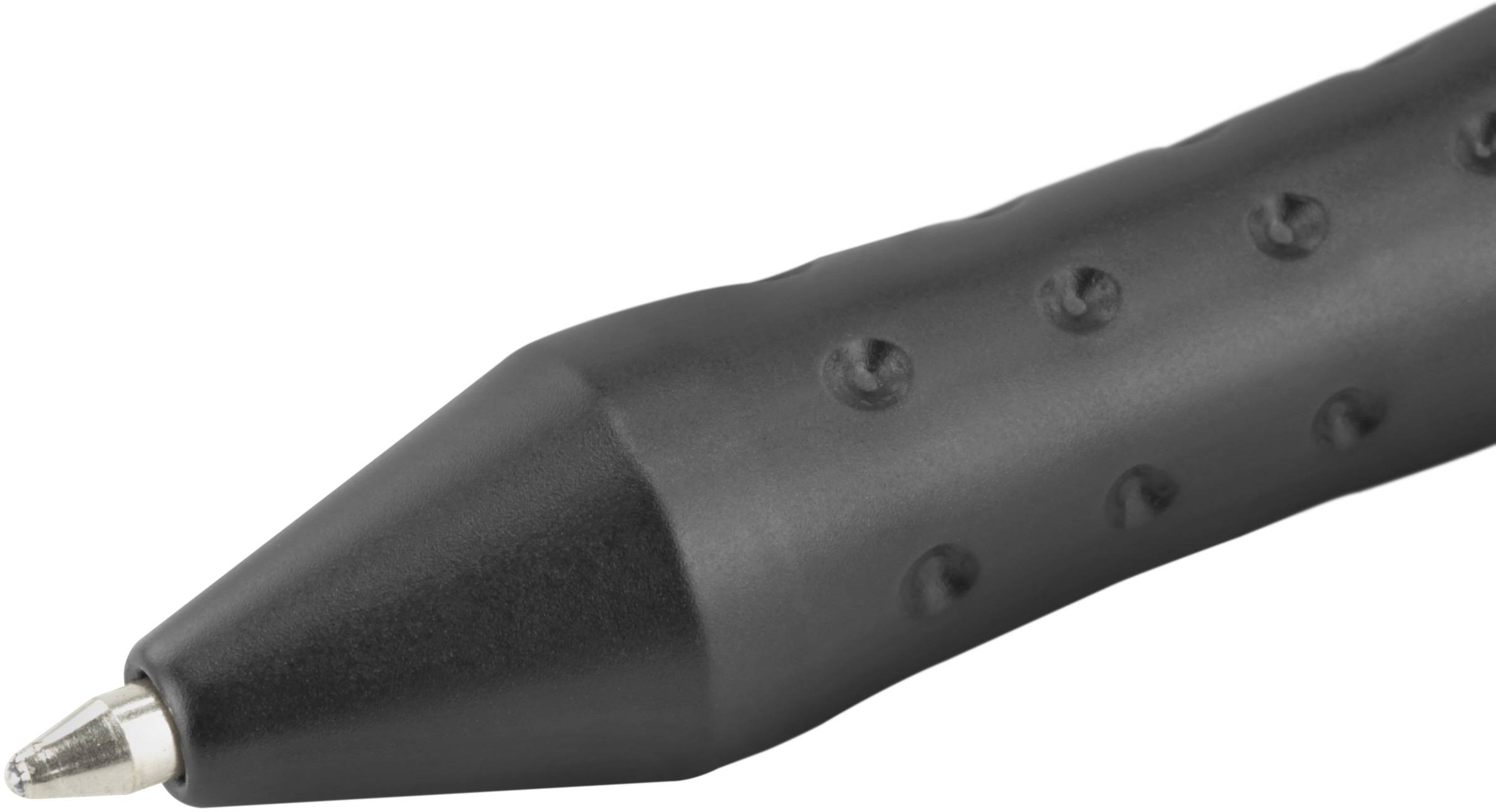 Zwarte balpen met rubberen grip en afgeronde punt, liggend op een witte ondergrond.