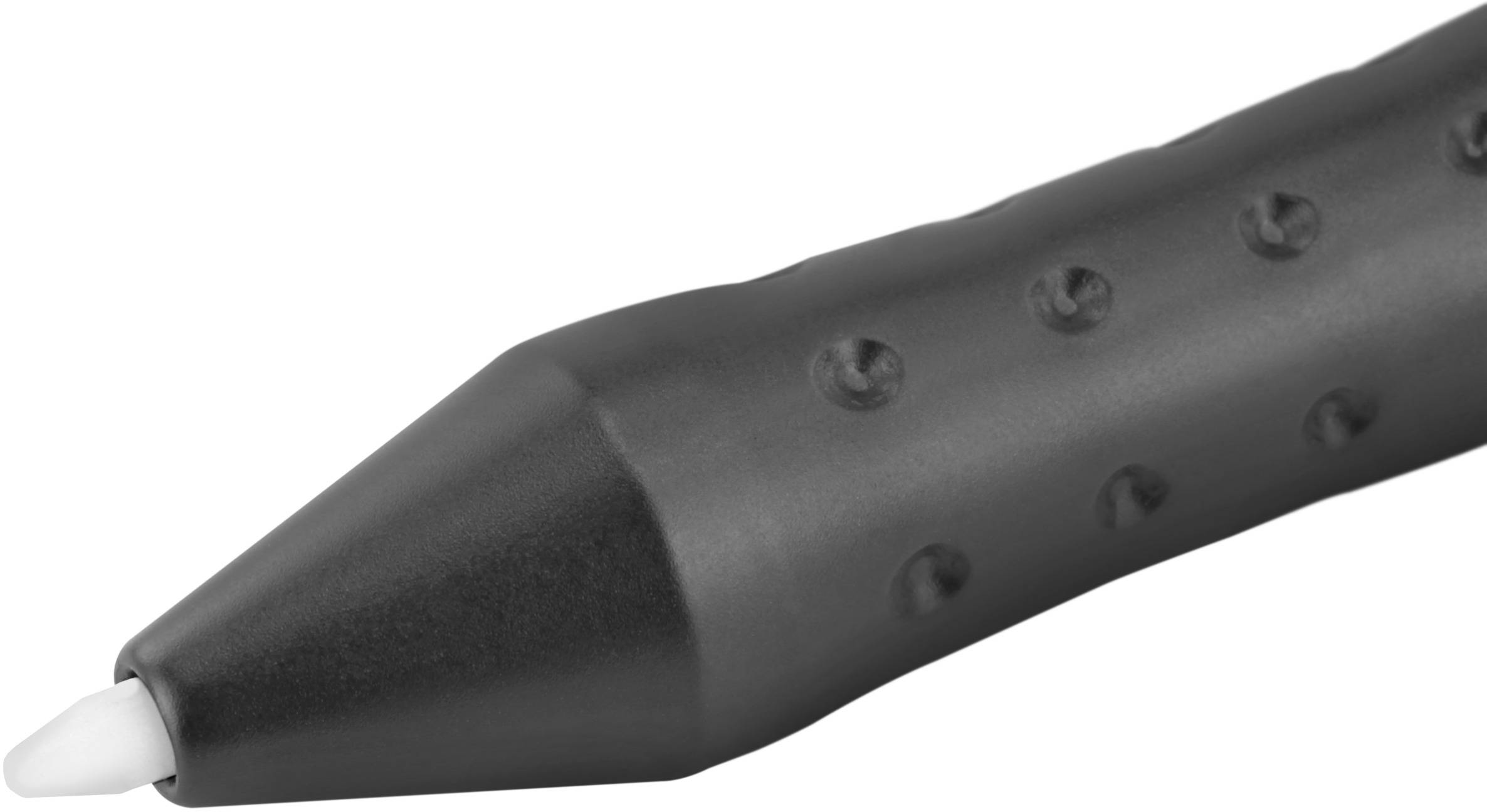 Een zwarte pen met een witte punt en een gestructureerde greep.