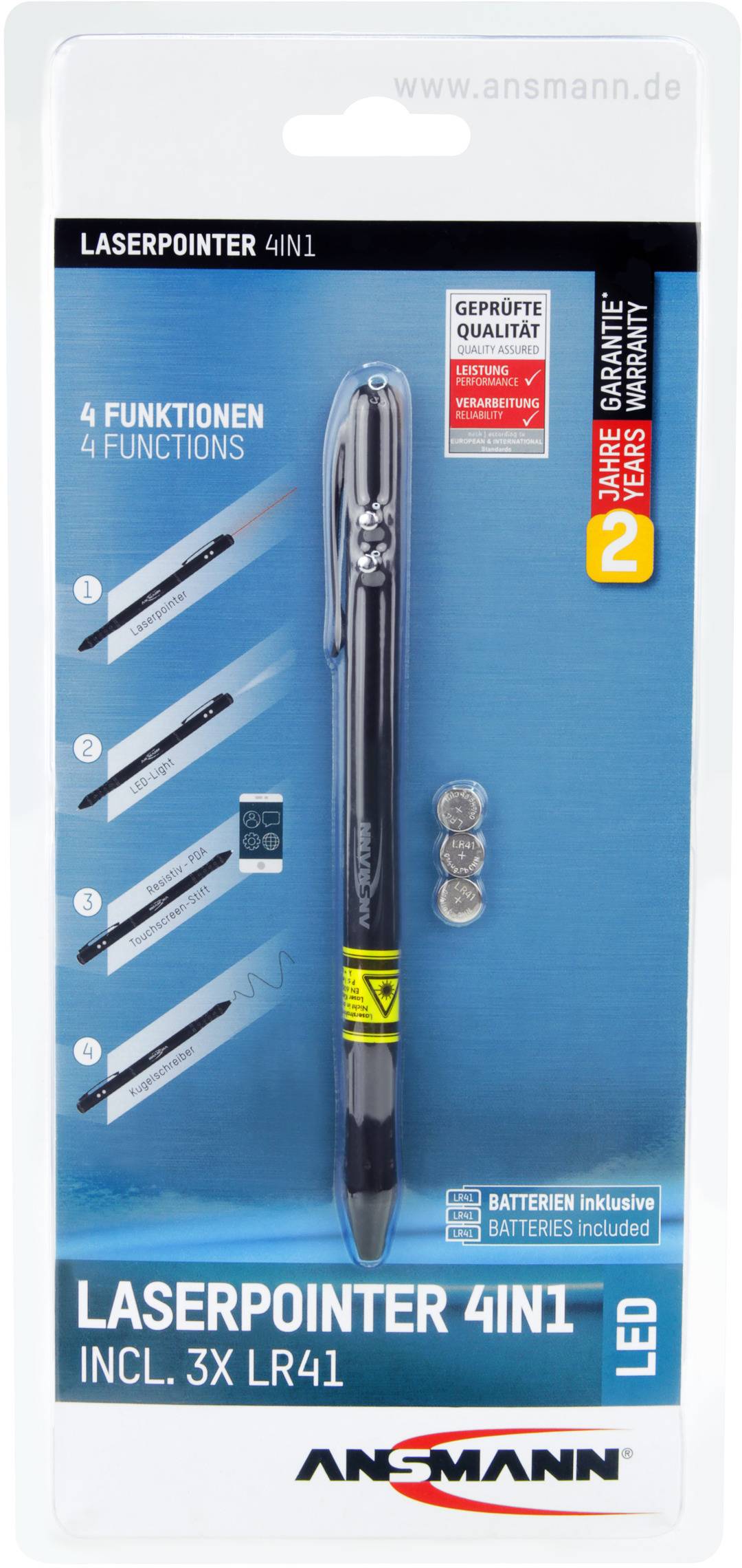 'Laserpointer 4-in-1' in verpakking; Functies: zaklamp, UV-licht, laser, balpen. Bevat 3 LR41-batterijen.