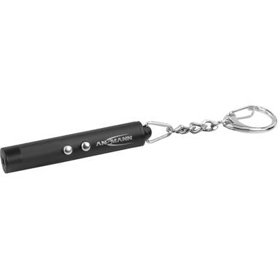 Een zwarte laserpointer in de vorm van een kleine pen met een sleutelhanger.