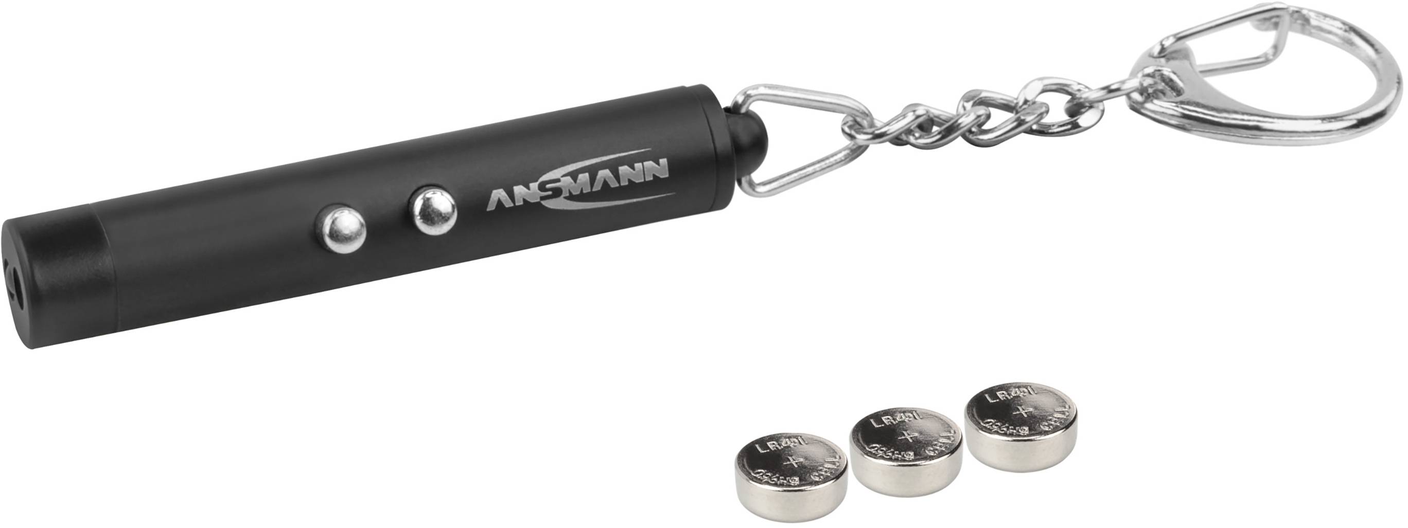 Een zwarte laserpointer met twee knoppen, bevestigd aan een keycord, naast drie ronde batterijen.