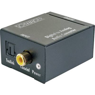Digitaal-naar-analoog audioconverter met aansluitingen voor Toslink, coaxiaal en stroomvoorziening.