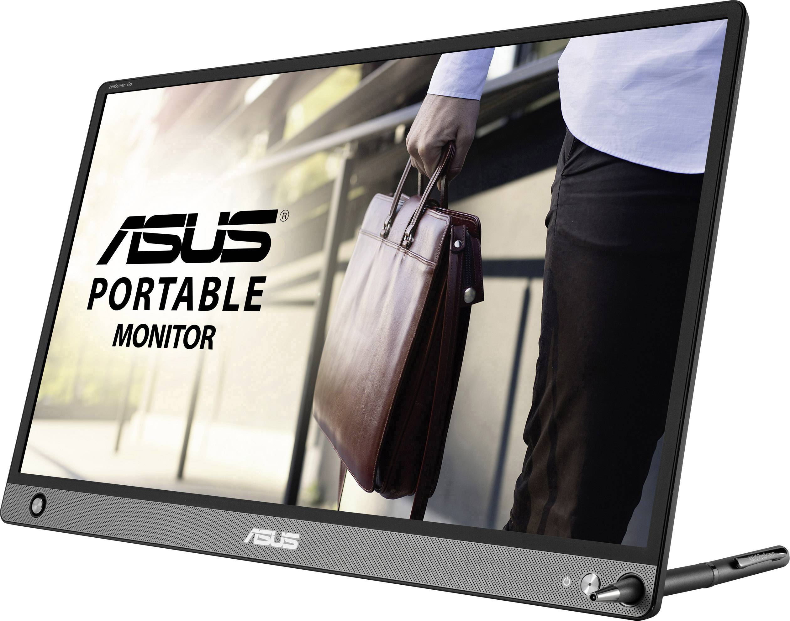 Asus draagbare monitor, afbeelding van een persoon met een aktetas in de hand, weerspiegelt mobiliteit en zakenreizen.