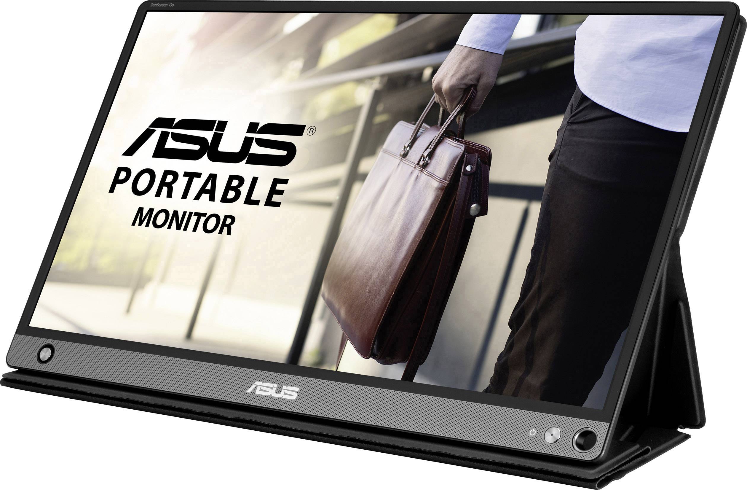 Asus draagbare monitor in een beschermhoes. Toont een afbeelding van iemand die een leren tas vasthoudt.