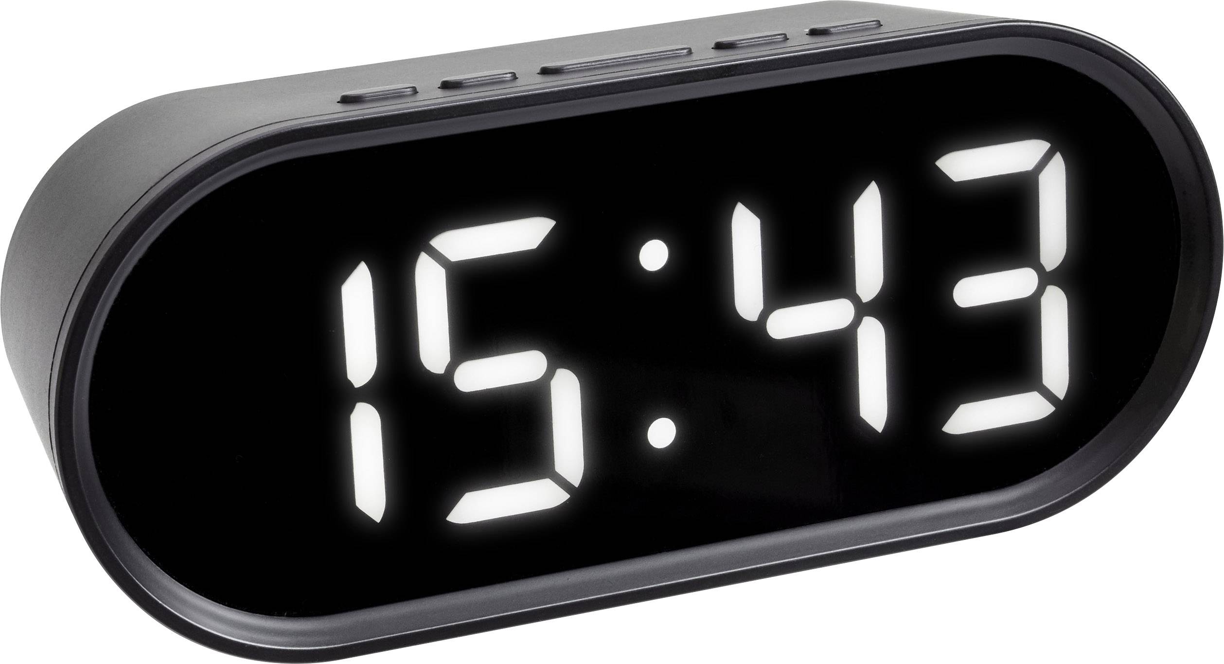 Digitale klok toont 15:43 uur.