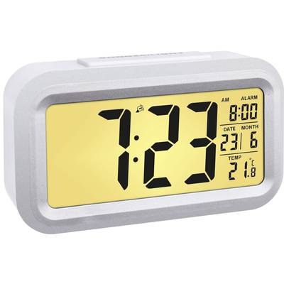 Digitale wekker met geel display toont '7:23'. Links boven 'AM', rechts 'ALARM 8:00'. Onderaan datum '23/6' en temperatuur '21.8°C'.