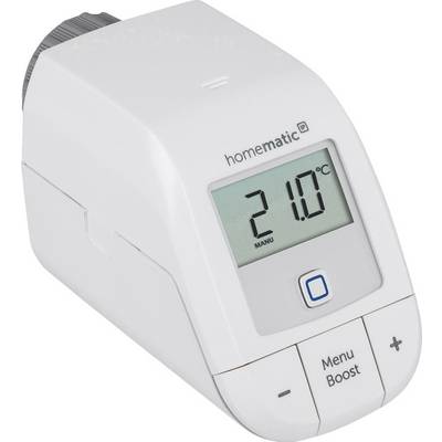 Elektronische radiatorthermostaat met digitaal display toont 21,0°C. Bedieningstoetsen voor menu en boost beschikbaar.
