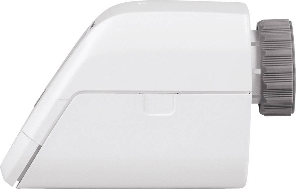 Wit apparaat met grijze draaiknop aan de rechterkant. Zijaanzicht onthult een elegant, modern design. Functie onduidelijk.