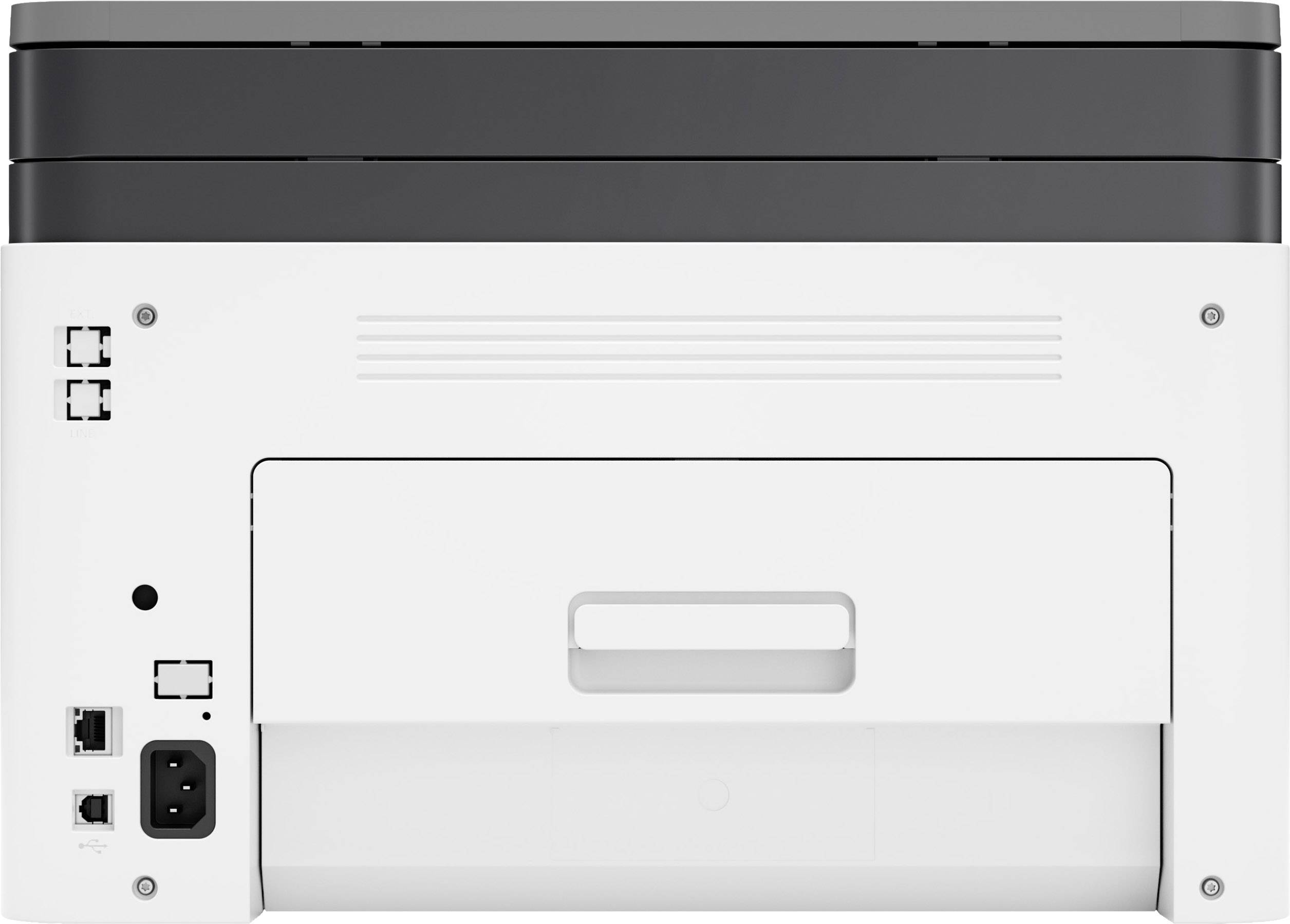 Achteraanzicht van een witte printer met aansluitingen voor stroom- en netwerkkabels, evenals een papieruitvoergleuf.