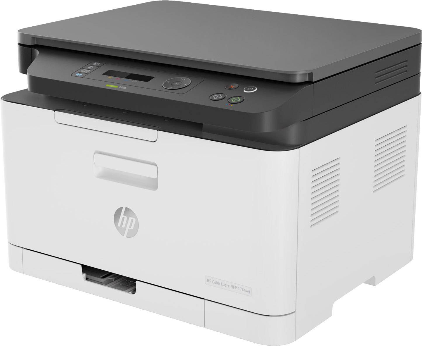 Een witte multifunctionele printer met een zwart bedieningspaneel en display, geschikt voor kantooromgevingen voor printen, scannen en kopiëren.