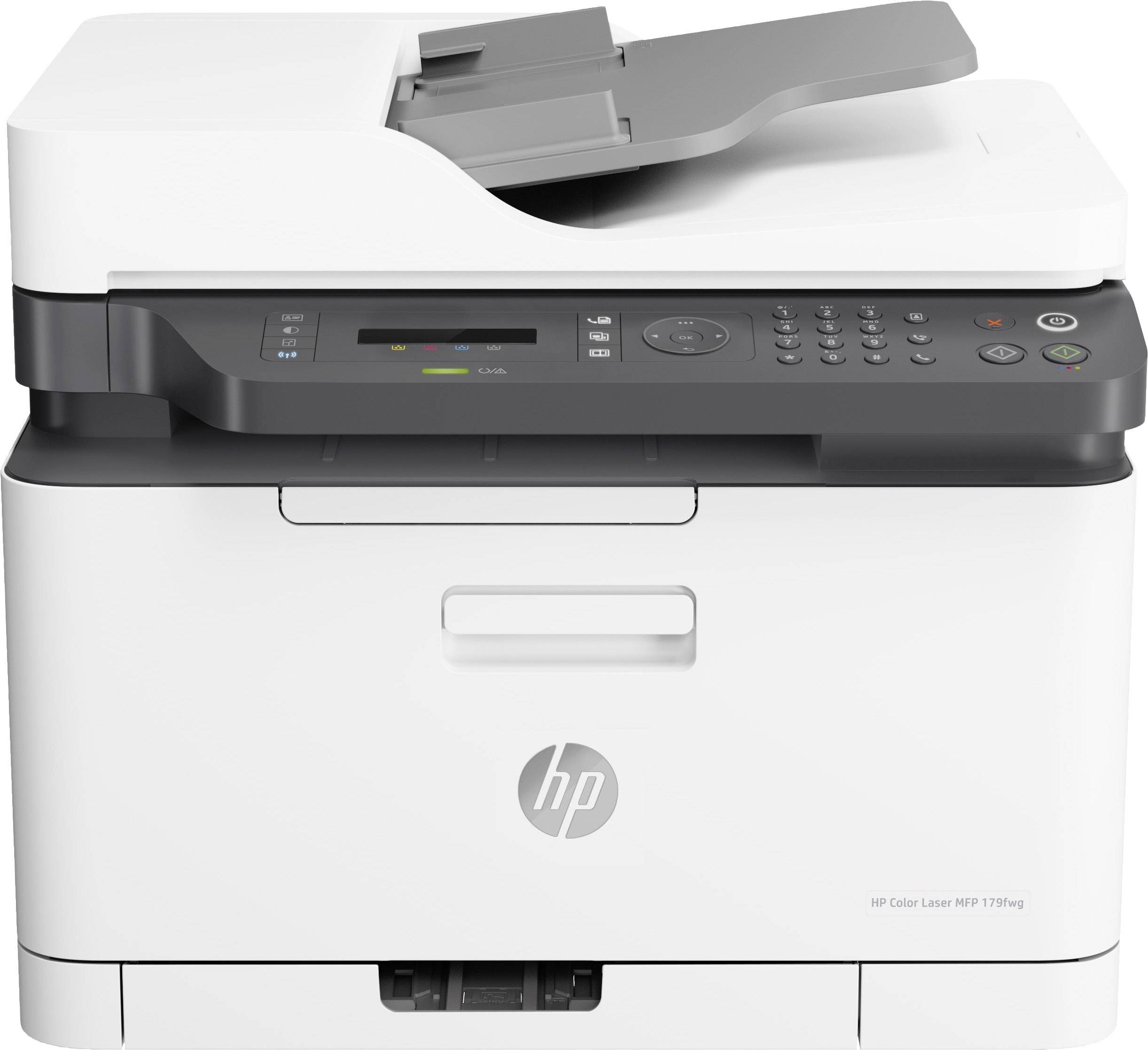 Een witte multifunctionele printer met scanner en bedieningspaneel. Geschikt voor kantoor- of thuisgebruik. Merk HP, model LaserJet Pro.