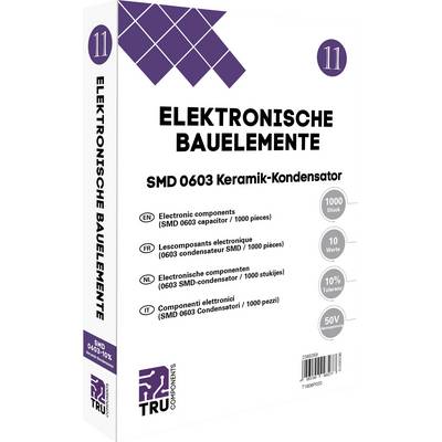 'Elektronische componenten: SMD 0603 keramische condensator, 1000 stuks, 10 waarden, 50V.' Verpakking met technische details in meerdere talen.