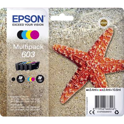 Verpakking van Epson inktpatronen 'Multipack 603' toont een oranje zeester. Bevat zwarte, cyaan, magenta en gele patronen.