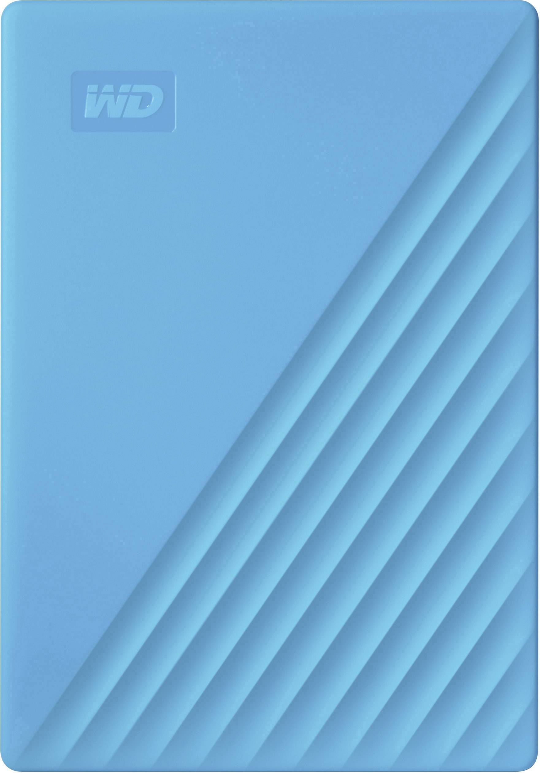 Externe harde schijf in het blauw met diagonale strepen en WD-logo, toont modern design en draagbare opslagoplossing.