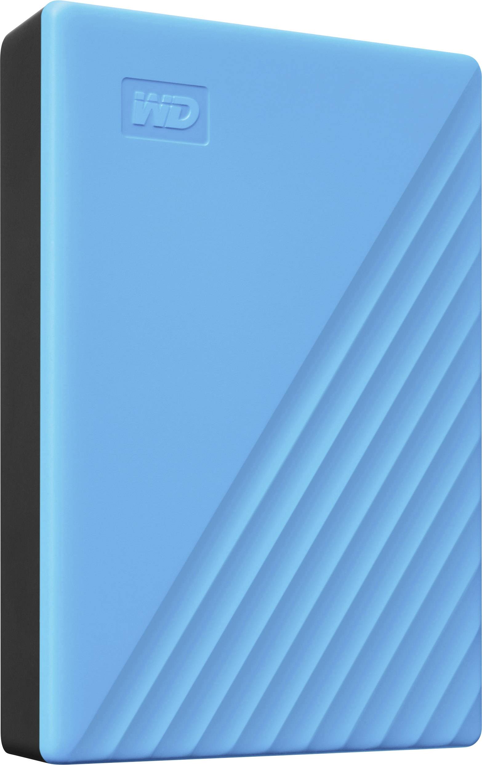 Externe harde schijf in blauw met diagonaal lijnenpatroon en 'WD'-logo linksboven.