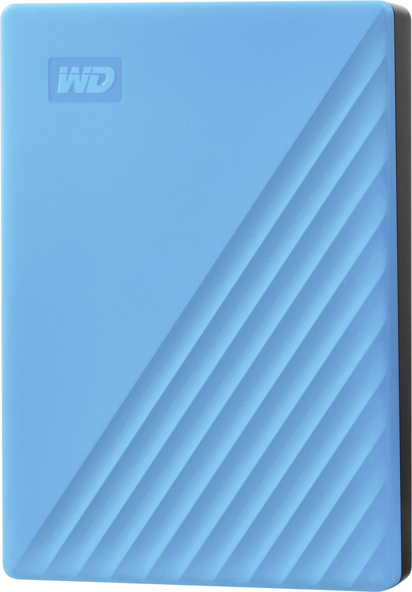 Externe harde schijf, blauwe behuizing met diagonale lijnen en ingedrukt logo linksboven.