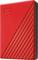 External hard drive in a glowing red color with diagonal grooves and a 'WD' logo in the corner. Modern design, compact and portable.