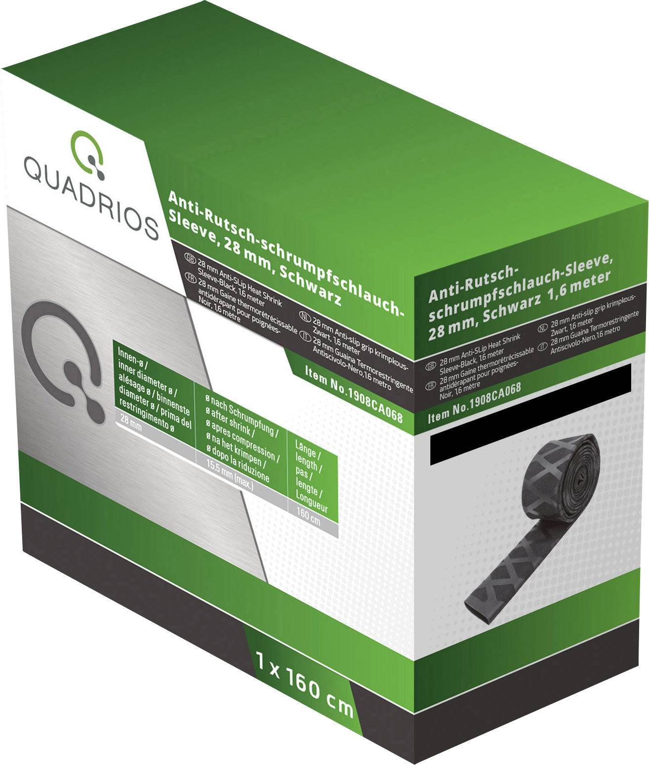 Een groene verpakking met een krimpkous van Quadrio, 28 mm, 160 cm lang, in het zwart. Toont een afbeelding van het product op de verpakking.