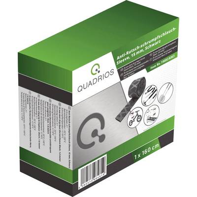Vierkante verpakking met opschrift 'Quadrios Anti-slip krimpkous mouw, 15 mm, Zwart, 1 x 160 cm', inclusief productafbeeldingen.