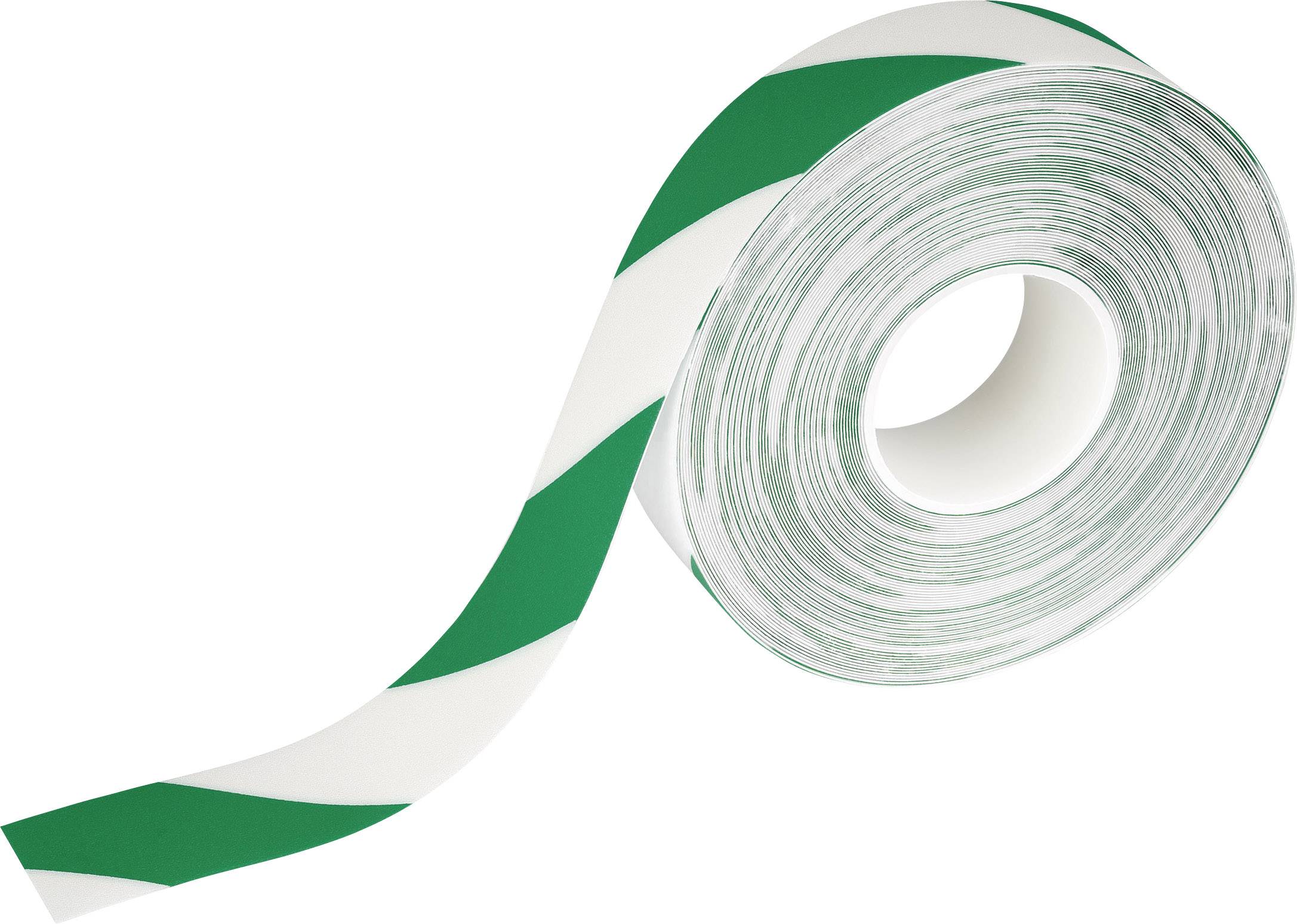 Een rol plakband met diagonale groene en witte strepen.