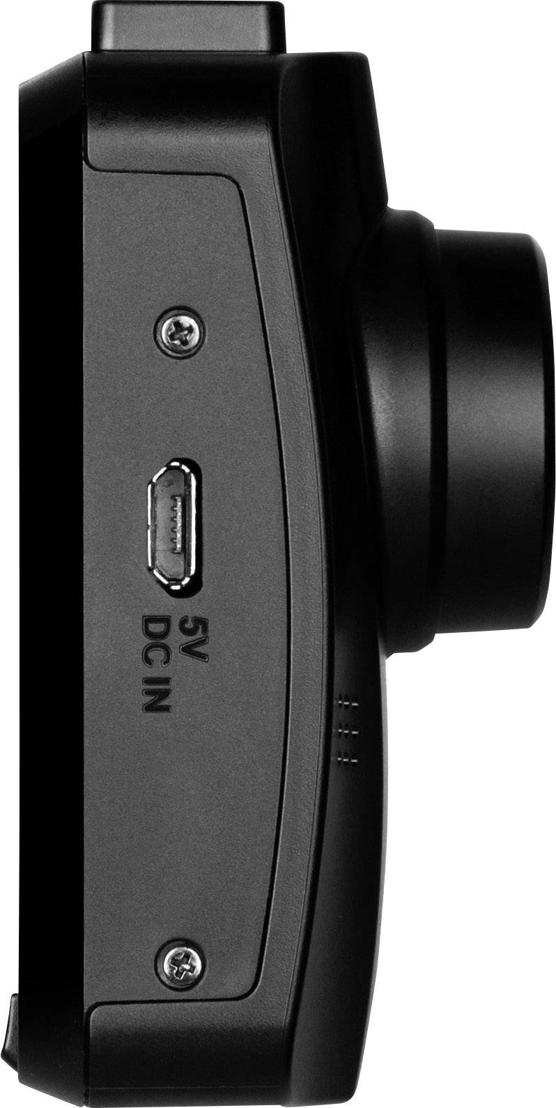 Zijaanzicht van een kleine zwarte camera met USB-poort en het opschrift '5V DC IN'.