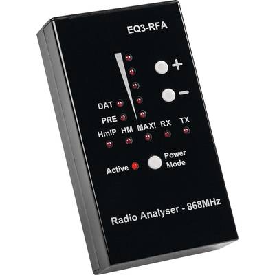 Een zwart radio-analyserapparaat met toetsen voor Plus, Min, Modus en Aan/Uit. LED-indicatoren voor 'DAT', 'PRE', 'HmlP', 'HM', 'MAX!', 'RX', 'TX'. Frequentie: 868 MHz.
