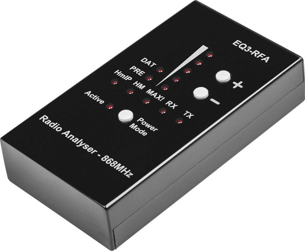 'Radio Analyser: 868MHz' apparaat met LED's en knoppen voor signaalcontrole. Toont modi en activiteit van een radiosignaal ter analyse.