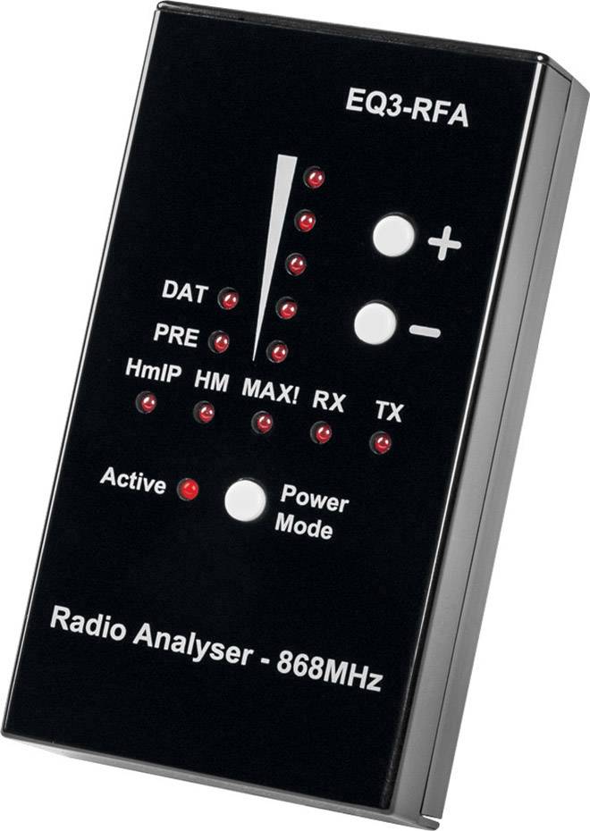 'Radio Analyser - 868 MHz' apparaat met controlelampjes voor verschillende modi, twee hoofdtoetsen en een verticale displaybalk.