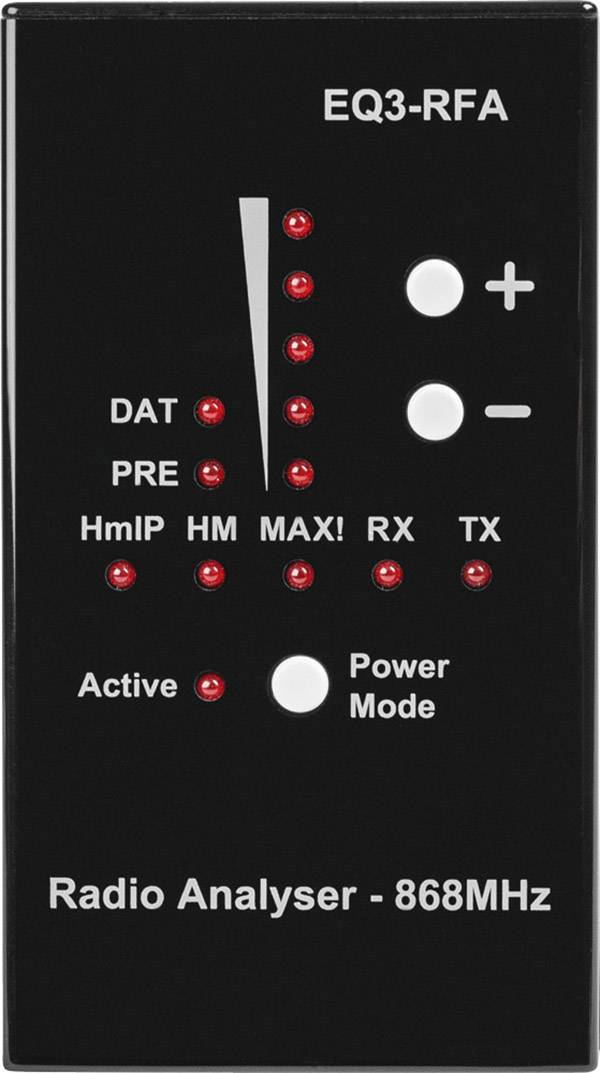 Een zwarte radio-analyzer met 868 MHz, model EQ3-RFA. Displays voor gegevens (DAT), ontvangstmodus (HM), maximaal vermogen (MAX!), ontvangst (RX), zenden (TX).