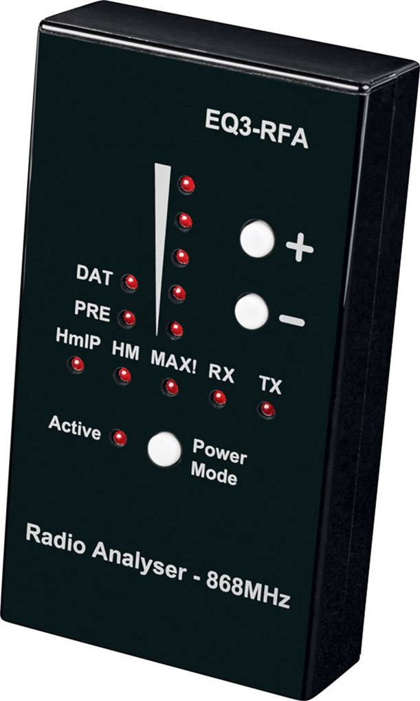Zwart apparaat met opschrift 'EQ3-RFA' en 'Radio Analyser - 868MHz', met meerdere verlichte indicatoren en plus- en mintoetsen.