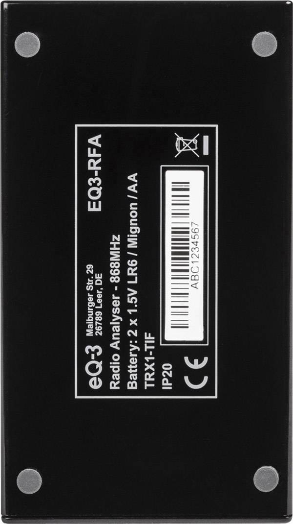 Zwart elektronisch apparaat met het model 'EQ3-RFA'. Opschrift toont 'Radio Analyser - 868MHz', batterijtype: '2x 1.5V LR6 Mignon/AA'.