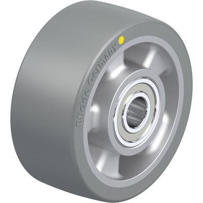 Grijs rollend wiel met metalen kern en een gele stip aan de buitenkant. Tekst 'Blickle Germany' gegraveerd op het wiel.