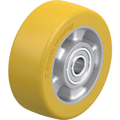 Geel wiel met kogellager van zilver. Ontworpen voor machines of transportwagens, robuust en duurzaam uitgevoerd.