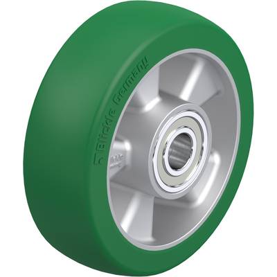 'Industriewiel met groene rubberen loopvlak en zilveren metalen naaf, geschikt voor zware lasten en verschillende oppervlakken.'