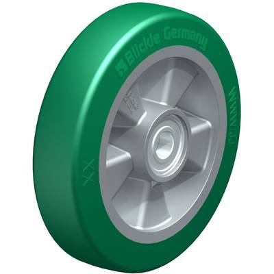 Groene industriewielen met zilveren velg, voorzien van de tekst 'Blickle Germany'. Geschikt voor transportapparatuur in de productie.