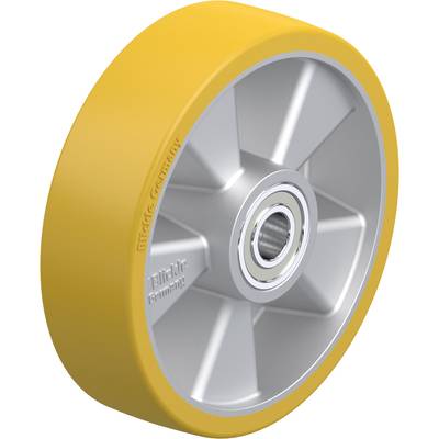 Geel PU-wiel met geëloxeerde aluminium velg en kogellager, geschikt voor transportkarren en machines, met merktekst in het midden.