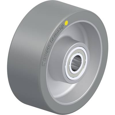 Metalen wiel met een grijze band, een centraal rollager en een geel punt op de zijkant.